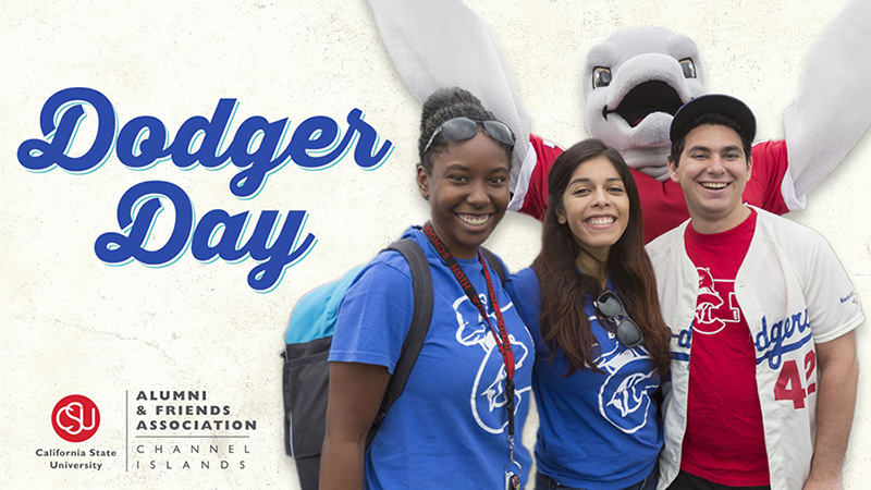 Three smiling CI Students wearing Dodger gear with mascot Ekho behind them